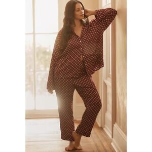 Anthropologie LyreBird Burgundy Long Sleeve Silky Button Down Pajama Set 3X New